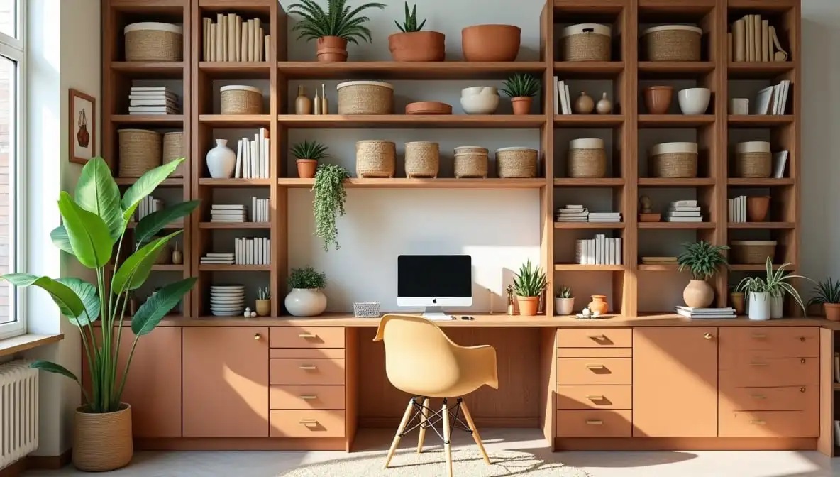 Estante organizada com cestos, livros e espaço de trabalho