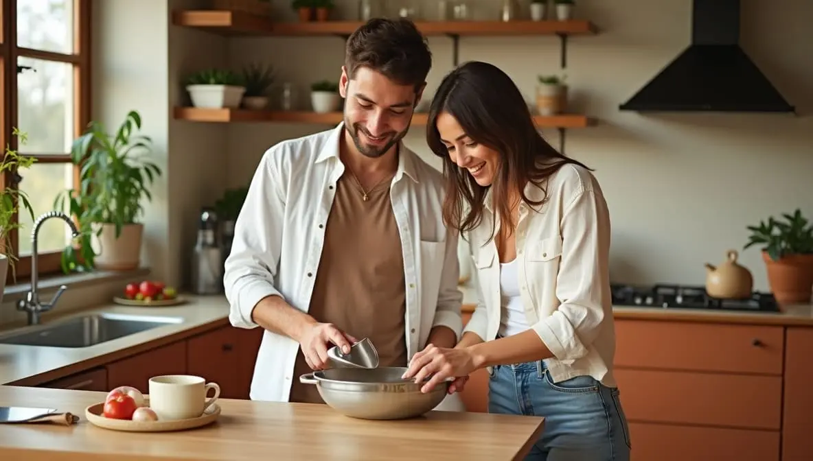 Casal preparando uma refeição juntos na cozinha
