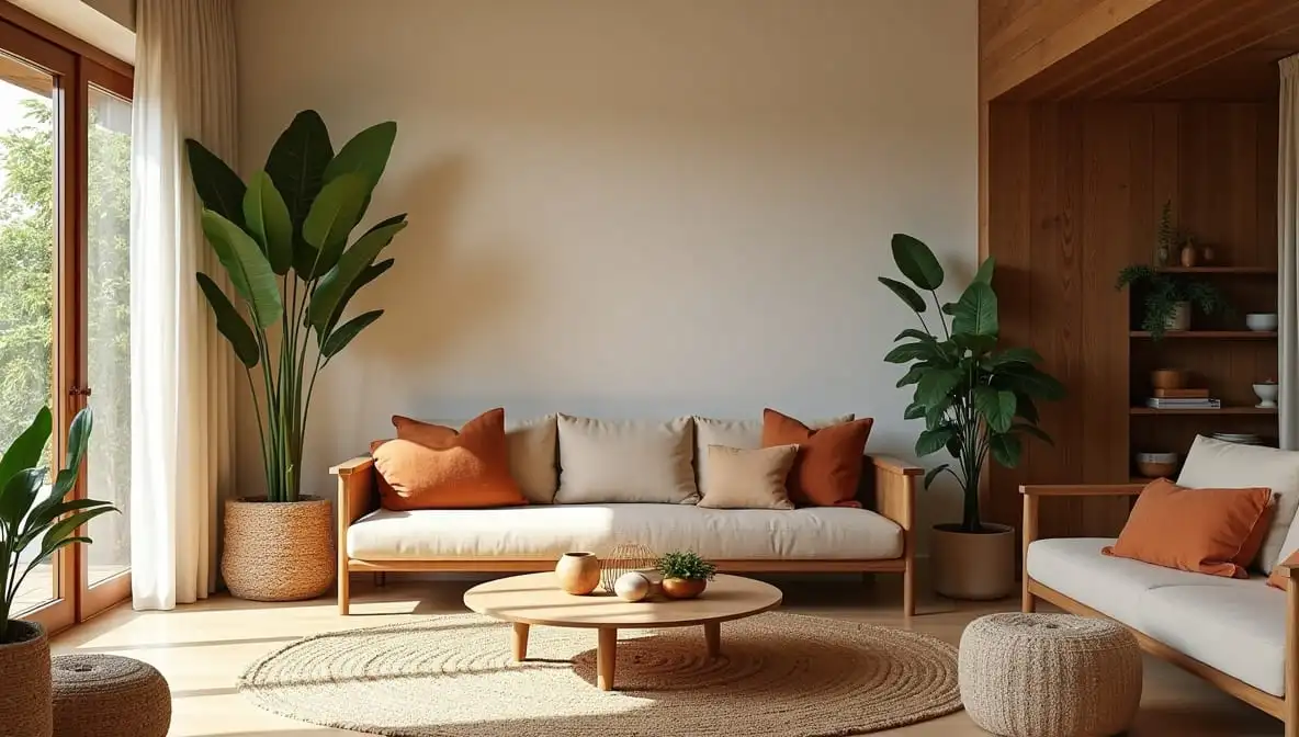 Sala de estar com sofá de madeira, plantas e paleta terrosa